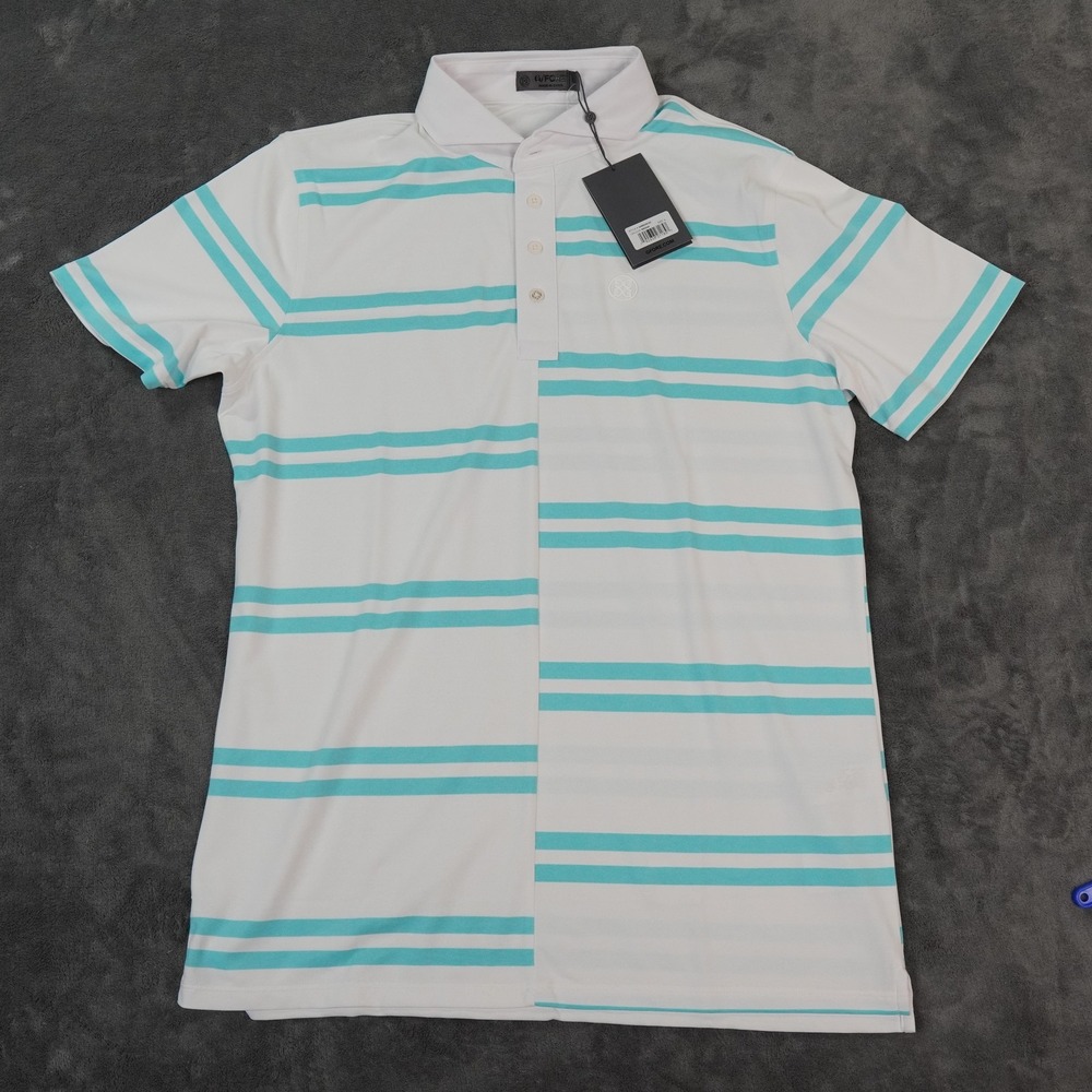 G/FORE Polo Shirt Mens Large White Blue Striped SRODNA Golf Performance Logo‎